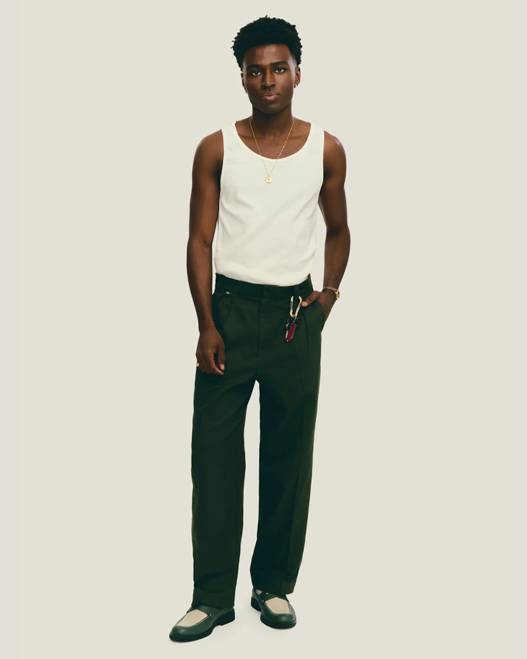 Green Tailored Double-Pleated Pants