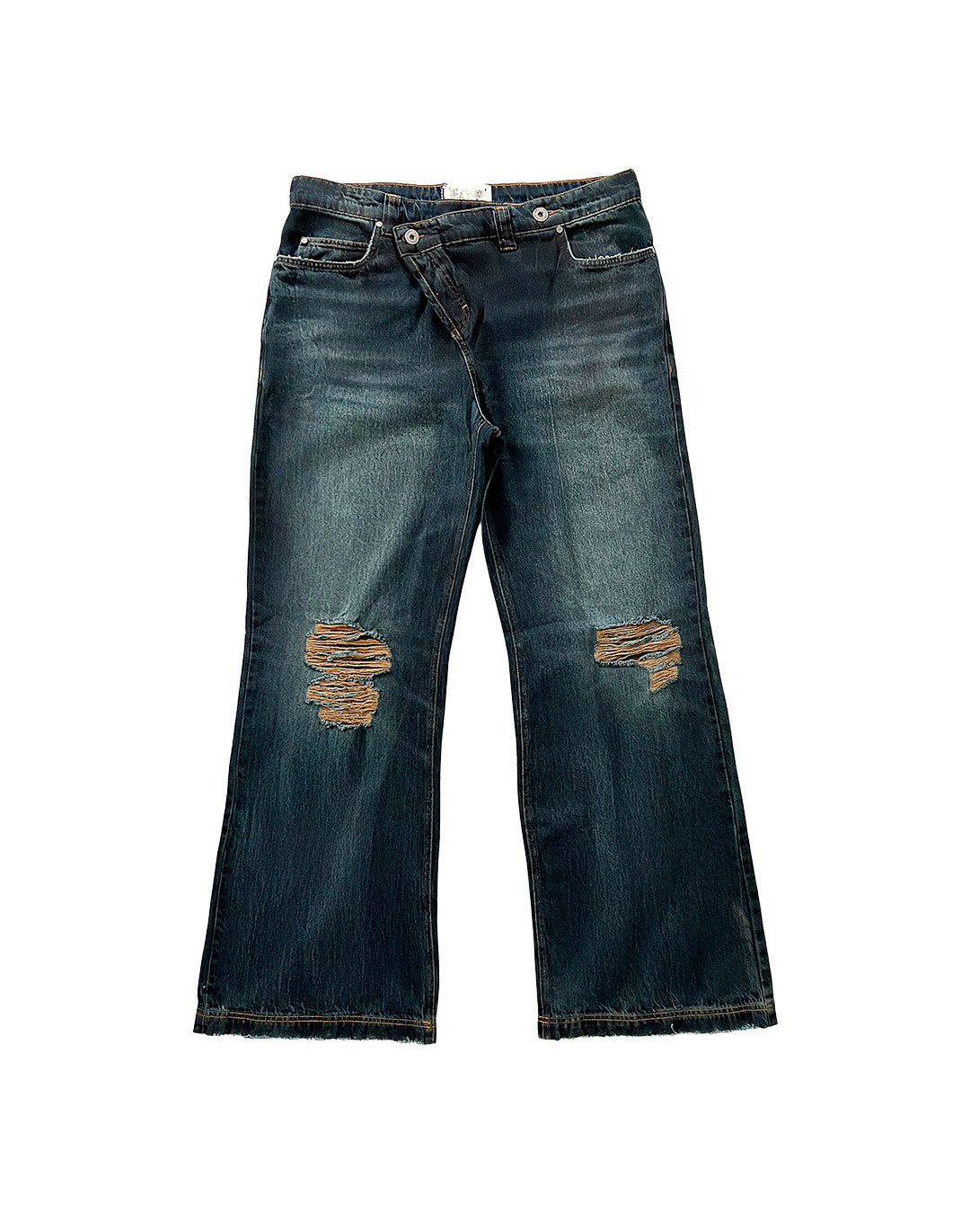 Blue 'UNF' Asymmetrical Denim Pants