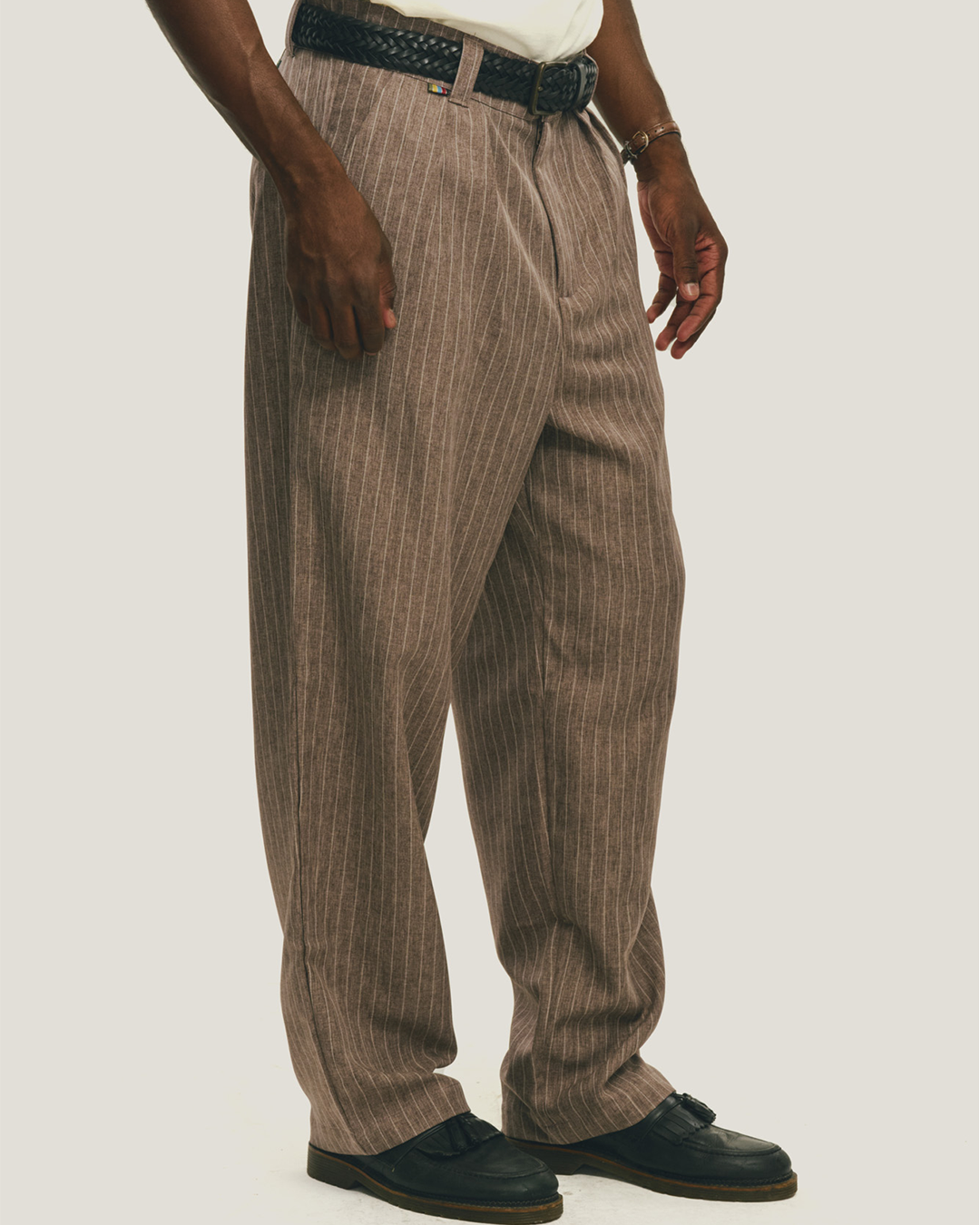 Brown Pinstripe Tailored Double-Pleated Wide Leg Pants