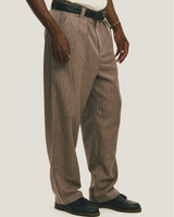Brown Pinstripe Tailored Double-Pleated Wide Leg Pants