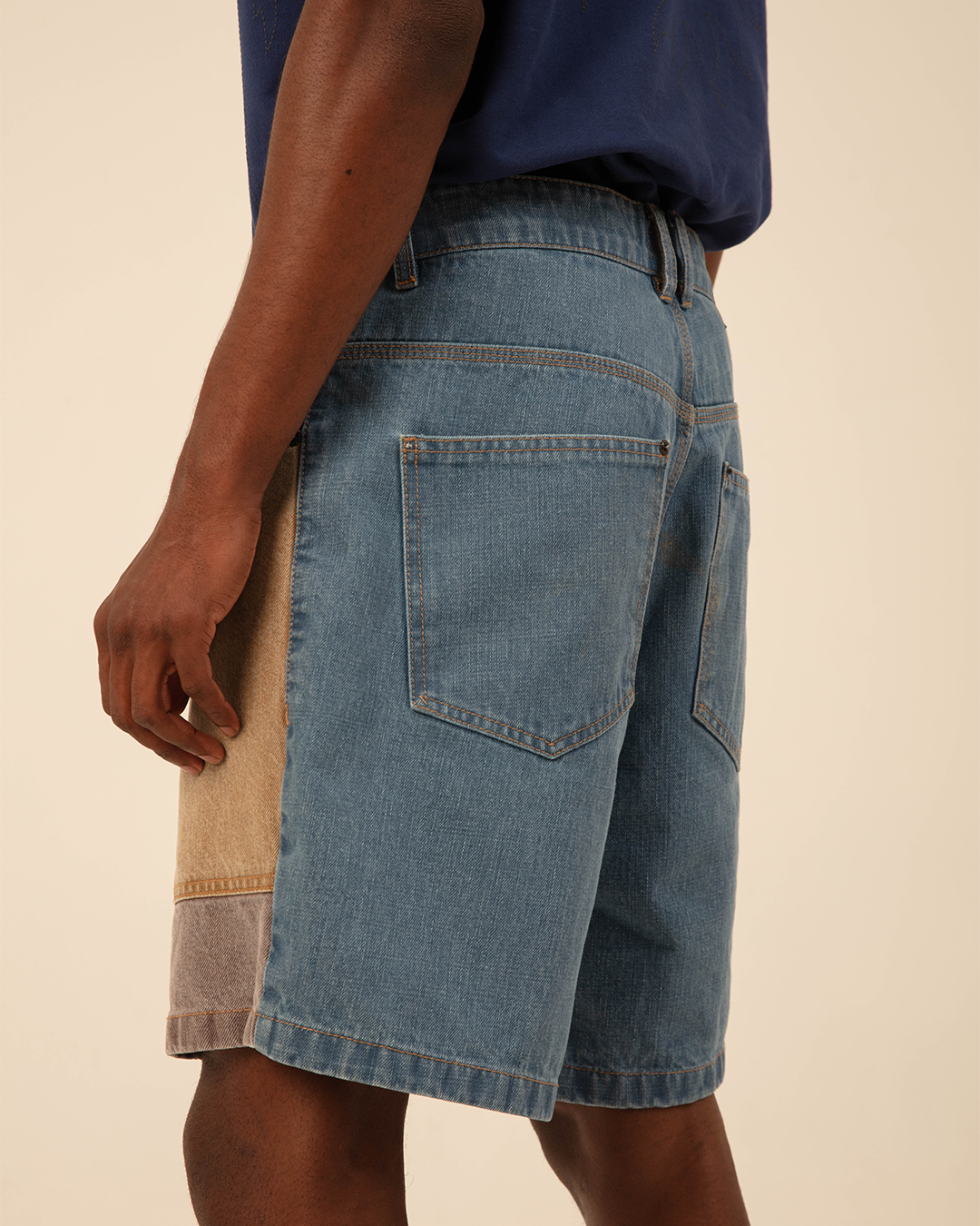 Blue Color Block Denim Shorts
