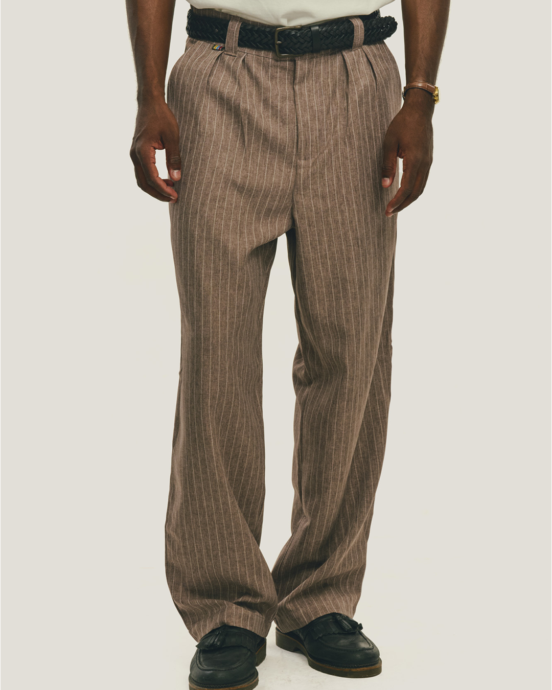 Brown Pinstripe Tailored Double-Pleated Wide Leg Pants