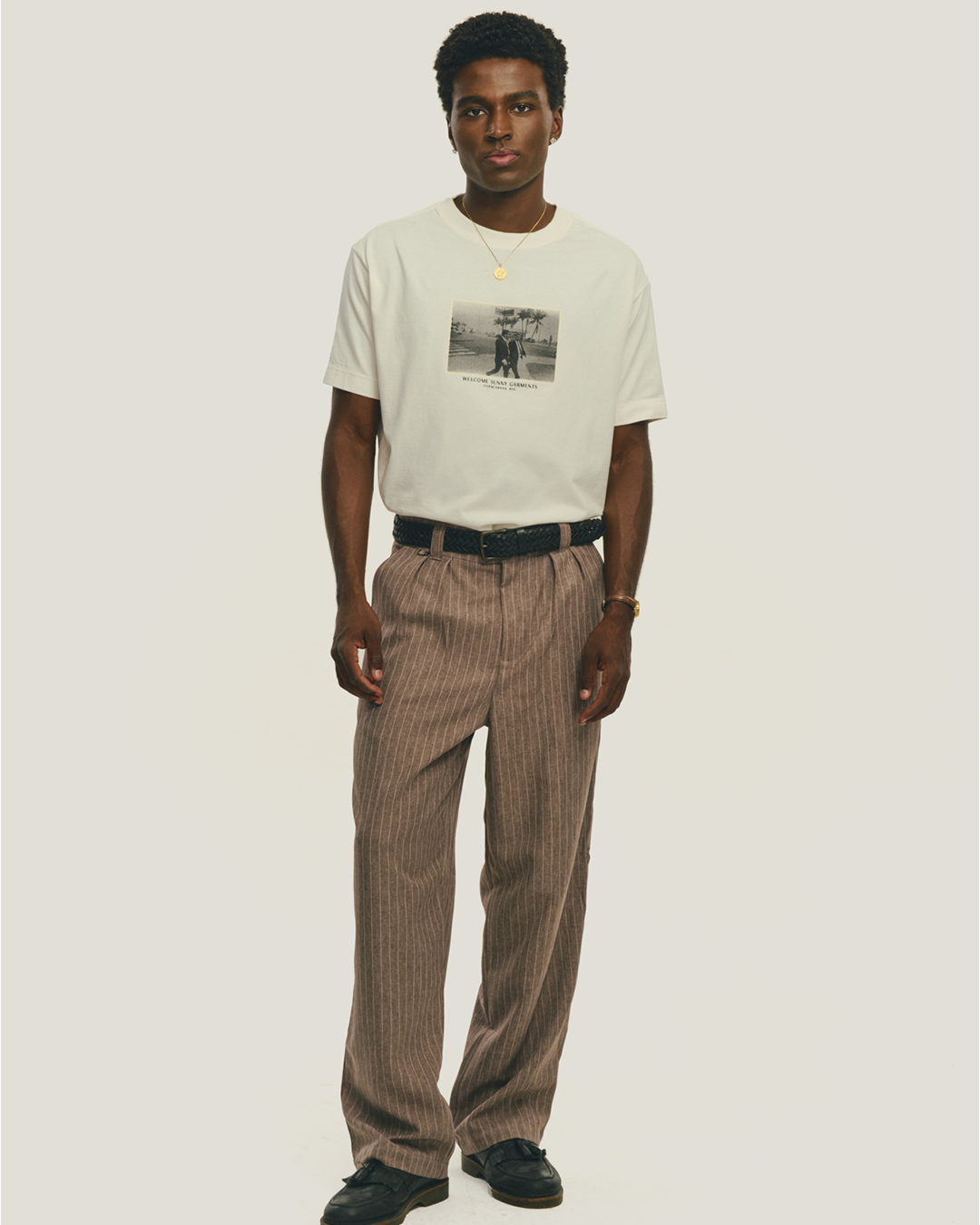 Brown Pinstripe Tailored Double-Pleated Wide Leg Pants