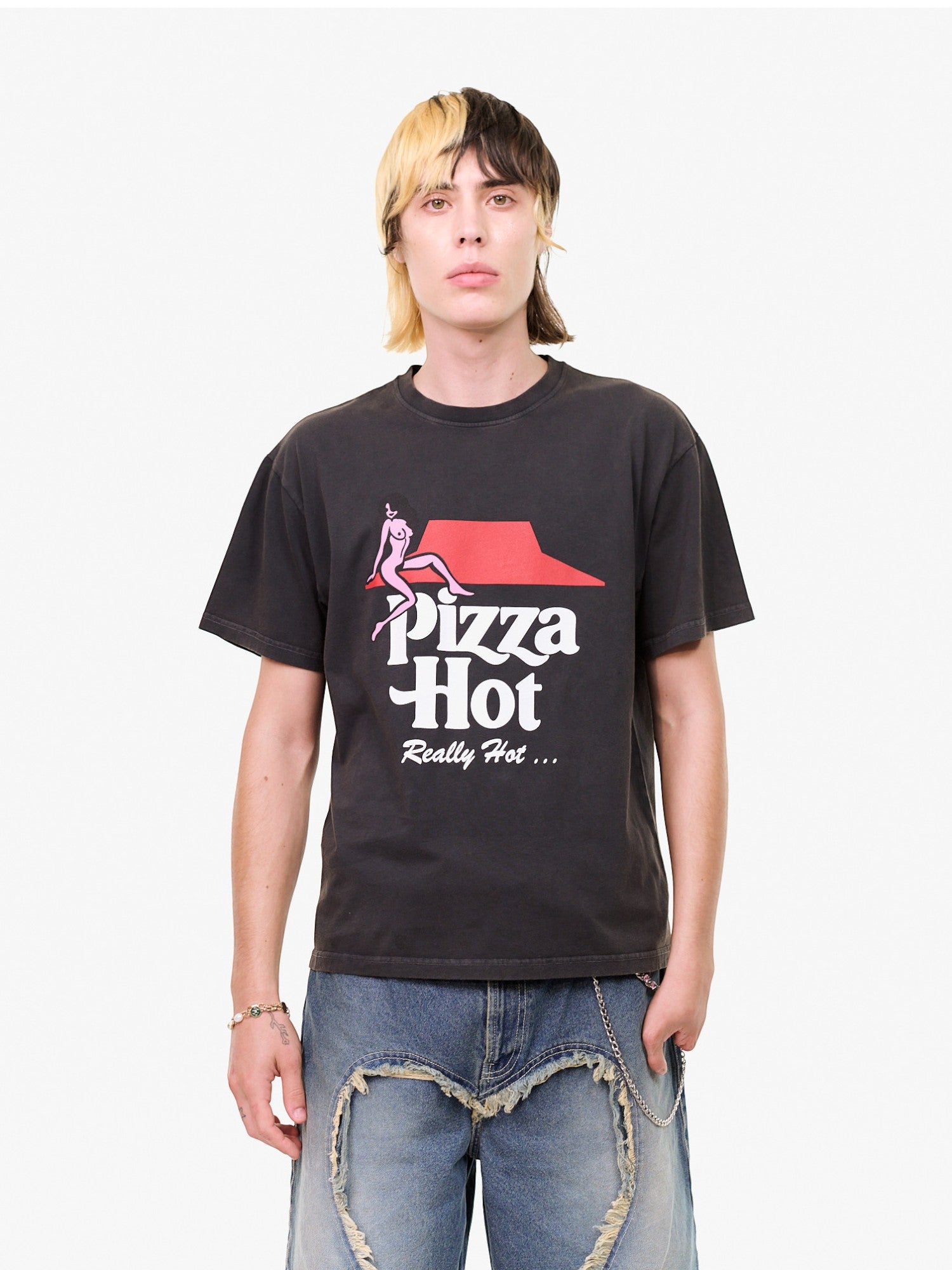 Black Faded 'Pizza Hot' Tee