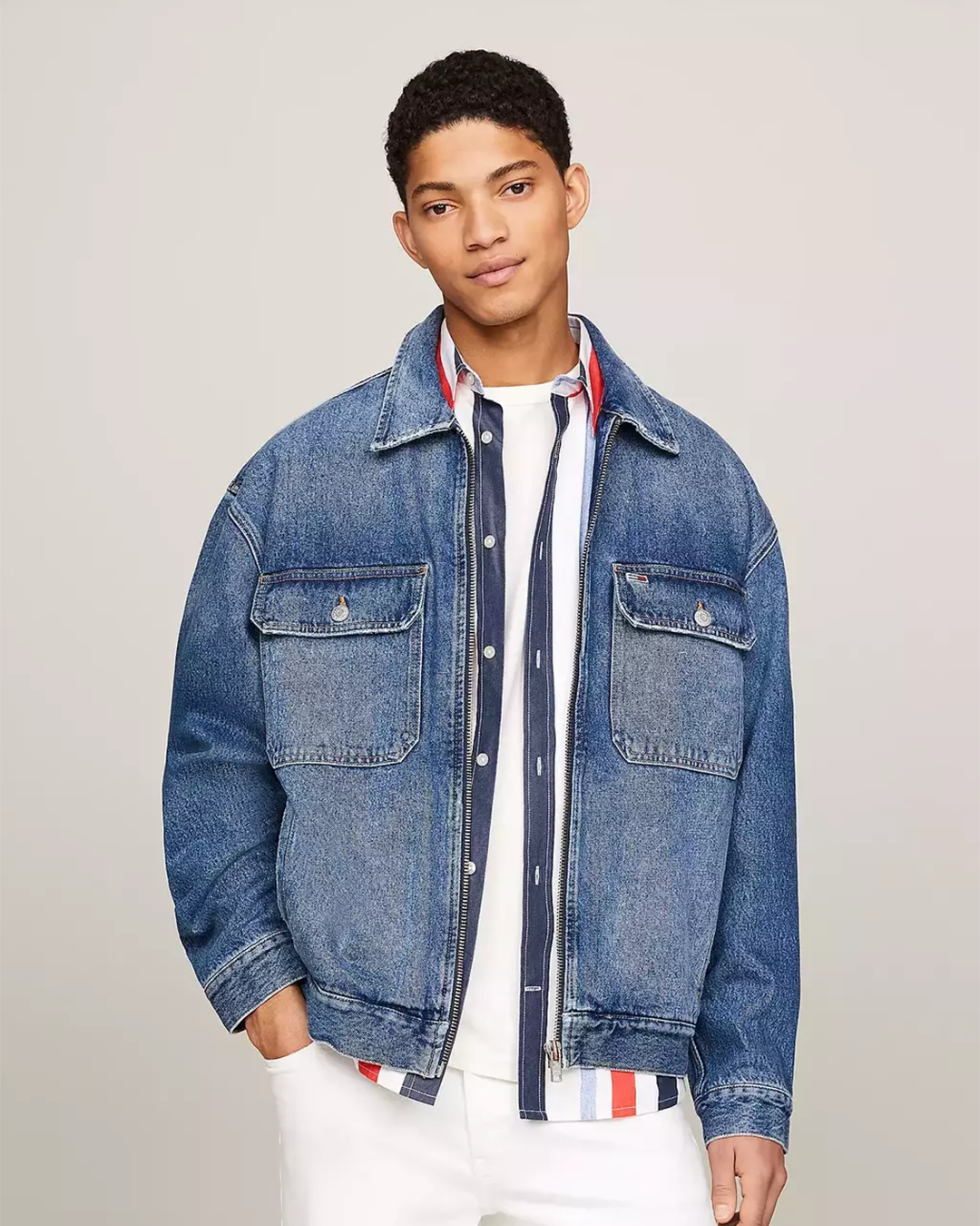 Blue Aiden Oversized Zip-Thru Coach Denim Jacket