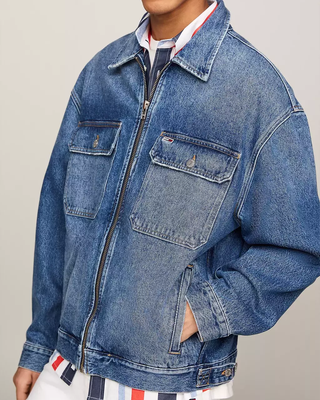 Blue Aiden Oversized Zip-Thru Coach Denim Jacket