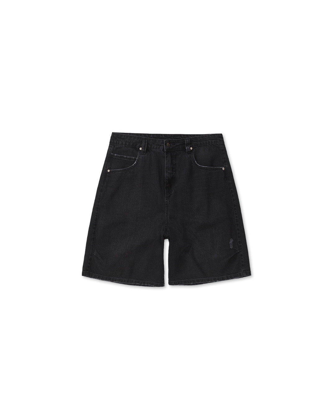 Black Used Denim Straight Shorts