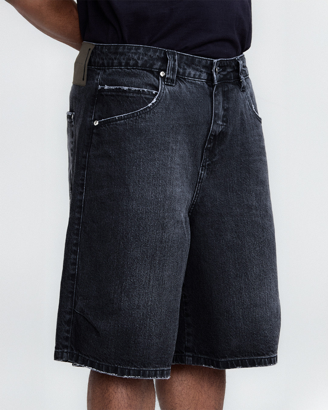 Black Used Denim Straight Shorts