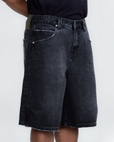 Black Used Denim Straight Shorts