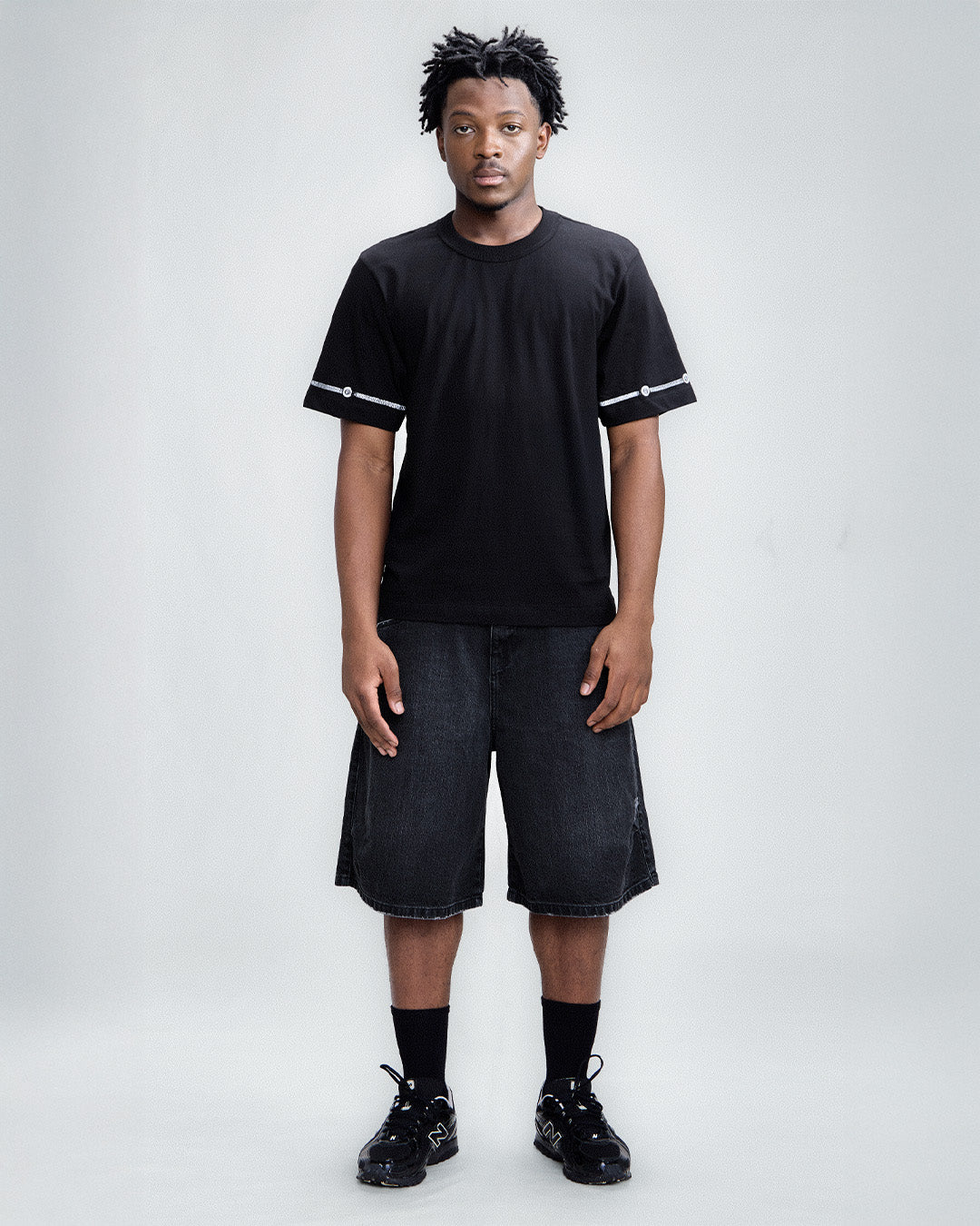 Black Used Denim Straight Shorts