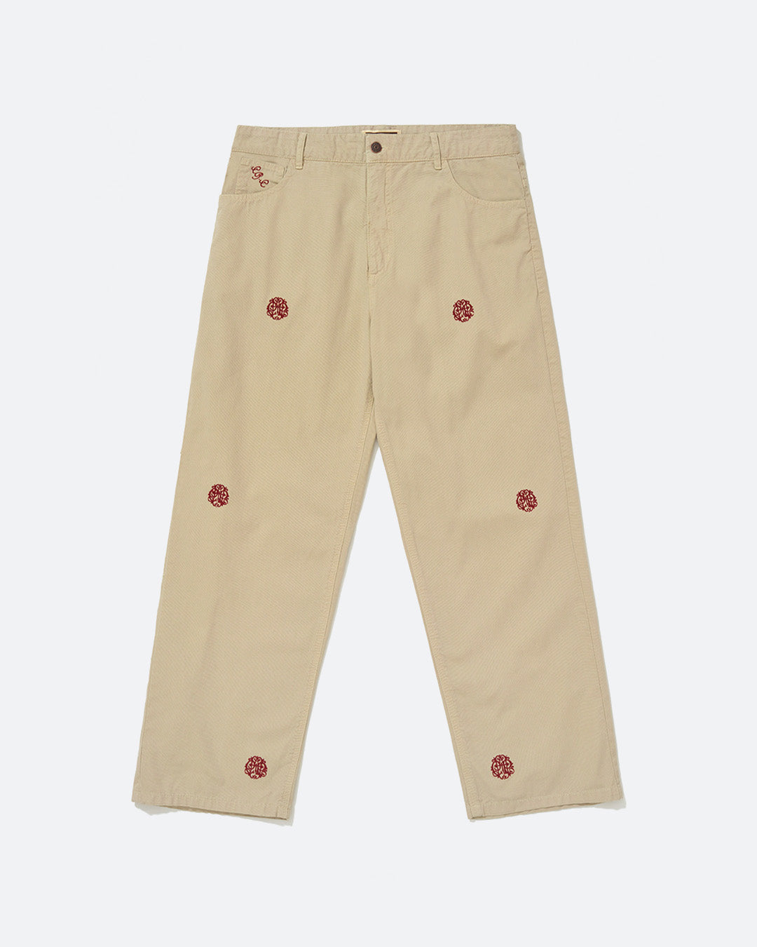 Beige Embroided Twill Pants