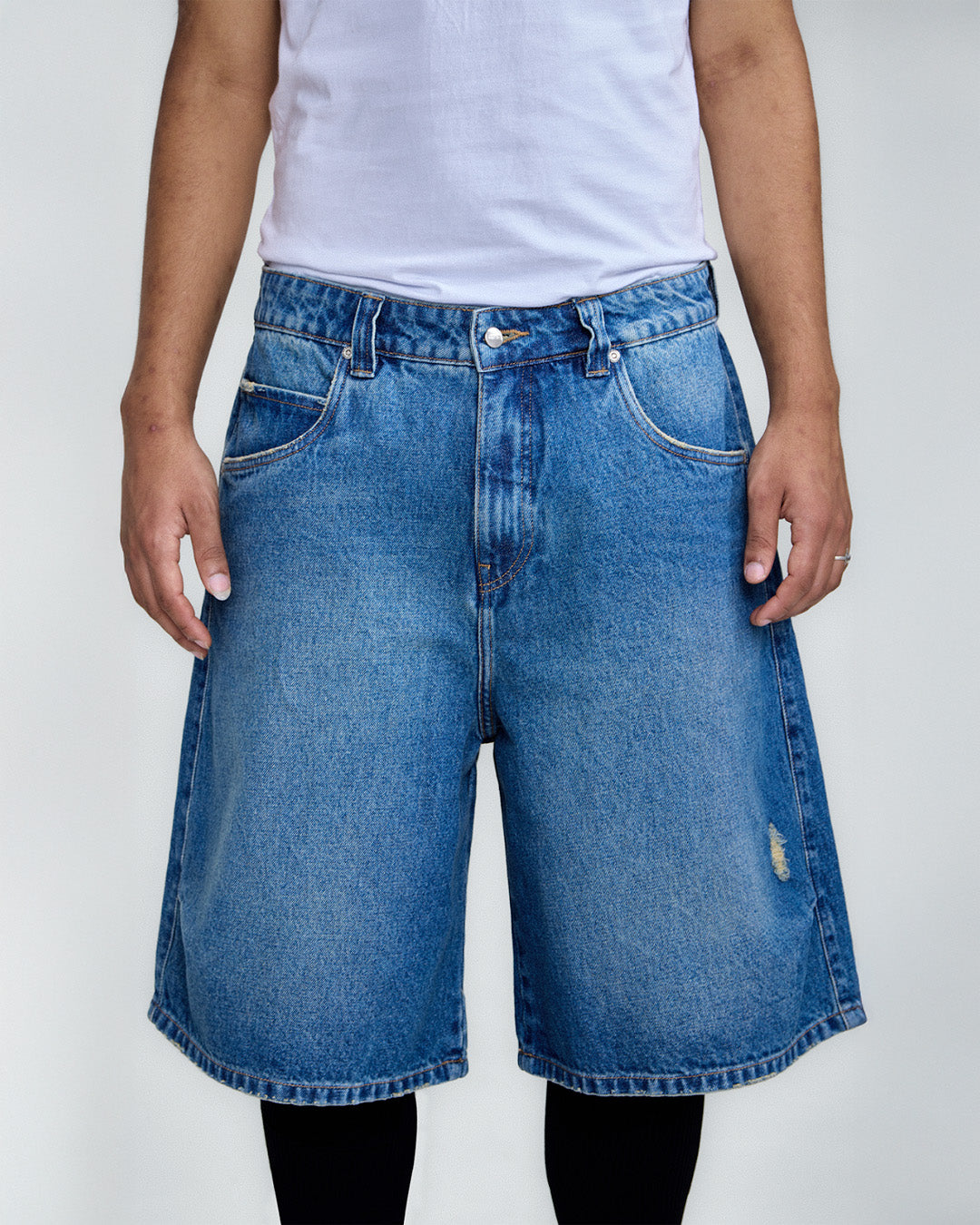 Green Used Denim Straight Shorts